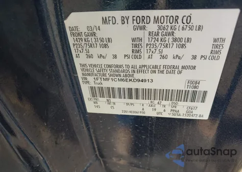 2014 Ford F-150 Xl из США, поврежденный, VIN 1FTMF1CM6EKD94913